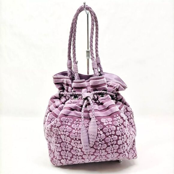 Handbags - Auth Bottega Veneta Purple Butterfly Velvet Crocheted Strap Mini Bucket Bag